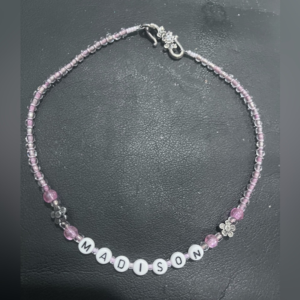 Madison name Pink and Silver Beaded Necklace
